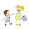 Schoolchildren on the way to school sister and brother are going Stock Photo