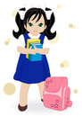 Schoolgirl in blue dress with books and school bags Royalty Free Stock Images