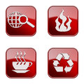 Set icon red glossy isolated on white background recycling symbol coffee cup industry warning sign globe and magnifier Royalty Free Stock Images