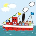 Steamer and children kids sail on the boat at sea Royalty Free Stock Images
