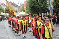 Stiltwalkers group on pedestrian street sibiu transylvania romania june sibiu international theatre festival royal stilt walkers Royalty Free Stock Images
