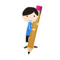 Student draw a big pencil boy draws with pencils Royalty Free Stock Photos