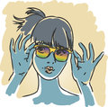 Sunglasses retro girl beautiful summer portrait with rainbow hand drawn illustration Royalty Free Stock Images