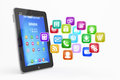 Tablet pc with cloud of application icons Stock Image