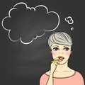 Thinking woman holding pencil vector illustration of a young and chewing against chalkboard concept image of youth teenager Royalty Free Stock Images