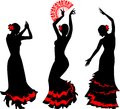 Three silhouettes of flamenco dancer with fan red Stock Photo
