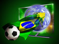 Tv soccer world cup d led television from where seems to come out an earth globe and a ball surfing on a brazilian flag Royalty Free Stock Photography