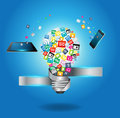 Vector creative light bulb with cloud of colorful application icon business software and social media networking service concept Royalty Free Stock Images
