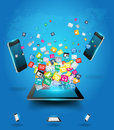 Vector tablet computer with mobile phones cloud of creative colorful application icon business software and social media Royalty Free Stock Photos