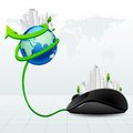 Virtual city vector illustration of building around globe with mouse Stock Photos
