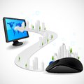 Virtual city vector illustration of building connecting mouse and computer Stock Photos