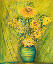 Vivid sunflowers bouquet over green background an oil painting on canvas of bright colorful a yellow Royalty Free Stock Photos