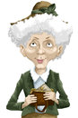 Woman old handbag mail character cartoon style crafty in a green coat and hat holding a with a letter vector illustration done in Stock Photos