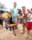 Young participants of gay pride parade tel aviv june man in high heels and other pose making funny faces before the march start Royalty Free Stock Photography